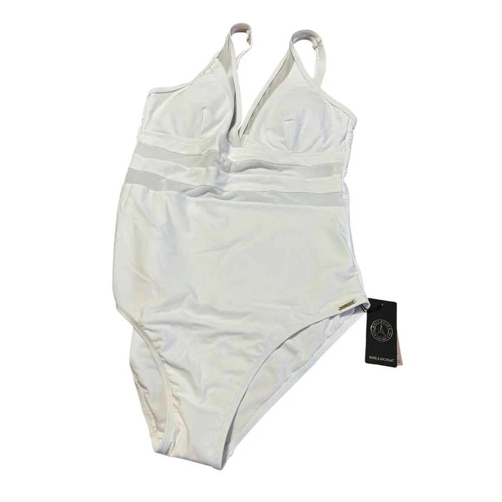Relleciga White Mesh V-Neck One-Piece Swimsuit Adjustable Straps Size M
